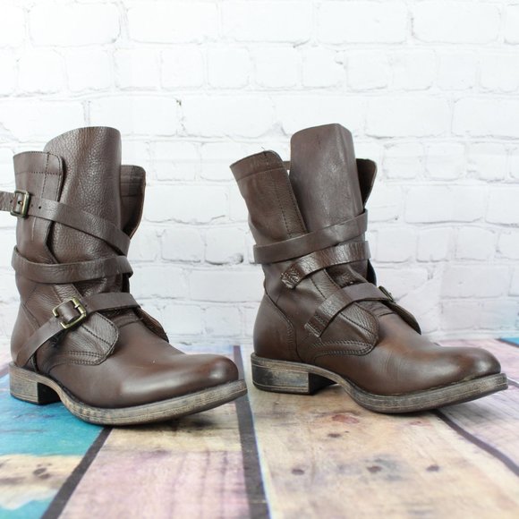 Diba True Brown Leather Triple Buckle Mid Calf Moto Boots Size 6.5 - Picture 3 of 9